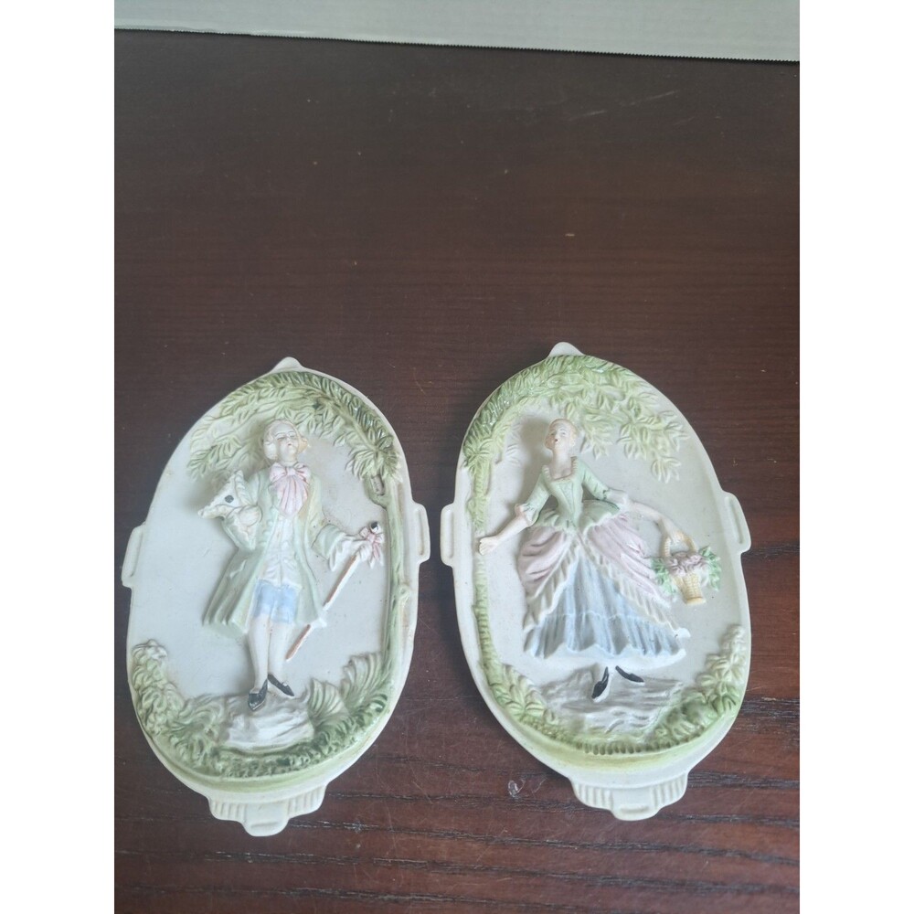 1940s Pair Of Chase Colonial Couple Hand Painted Porcelain Bisque Wall...